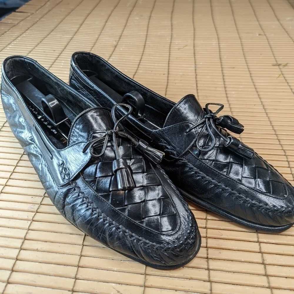 Johnston & Murphy Black Leather Woven Vamp Tassel Loafers Sz 11N Made In Italy